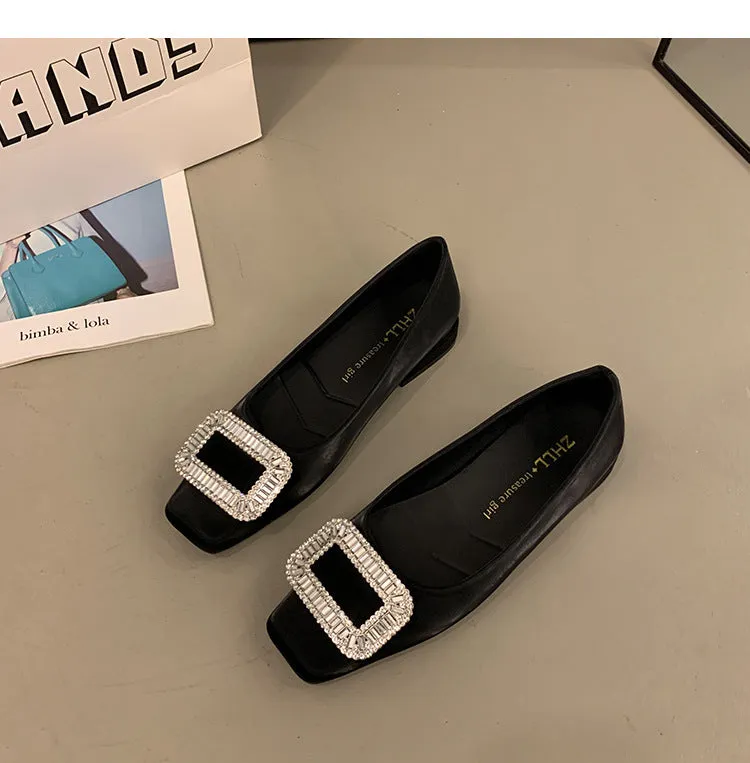 Square Buckle Thick Heel Women's Shoes Low Heel Square Toe Women's Shoes