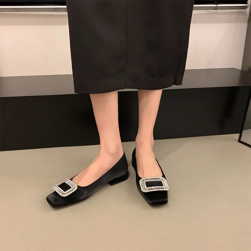 Square Buckle Thick Heel Women's Shoes Low Heel Square Toe Women's Shoes