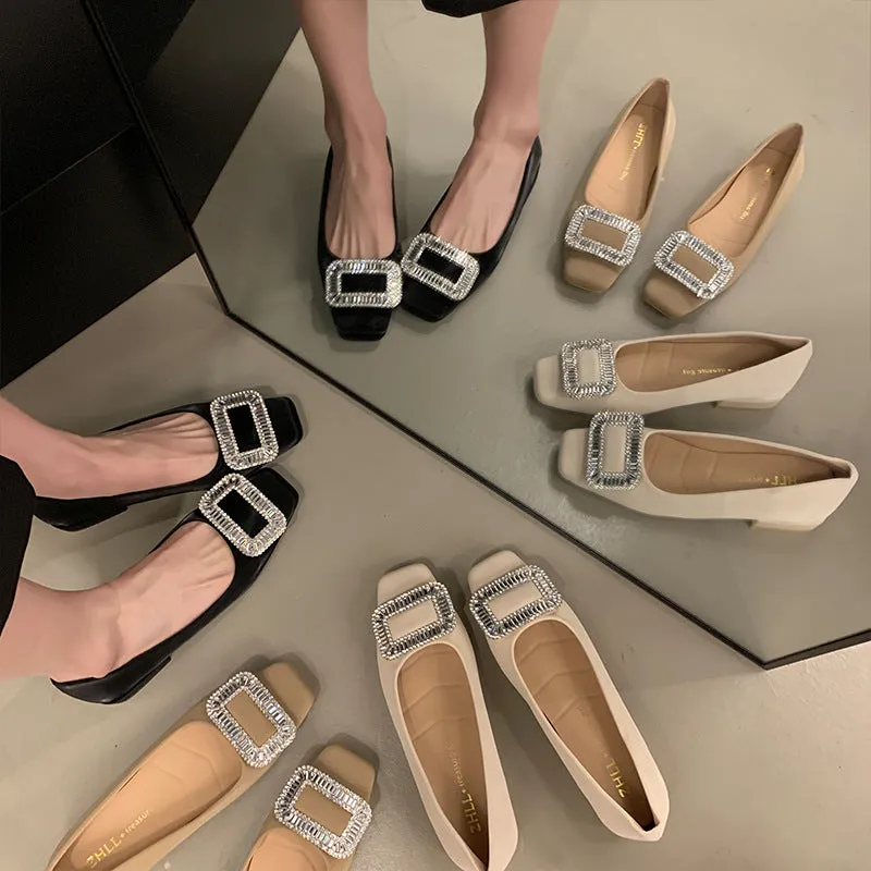 Square Buckle Thick Heel Women's Shoes Low Heel Square Toe Women's Shoes