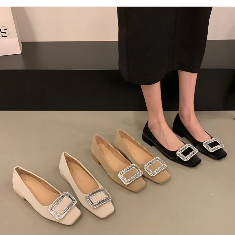 Square Buckle Thick Heel Women's Shoes Low Heel Square Toe Women's Shoes