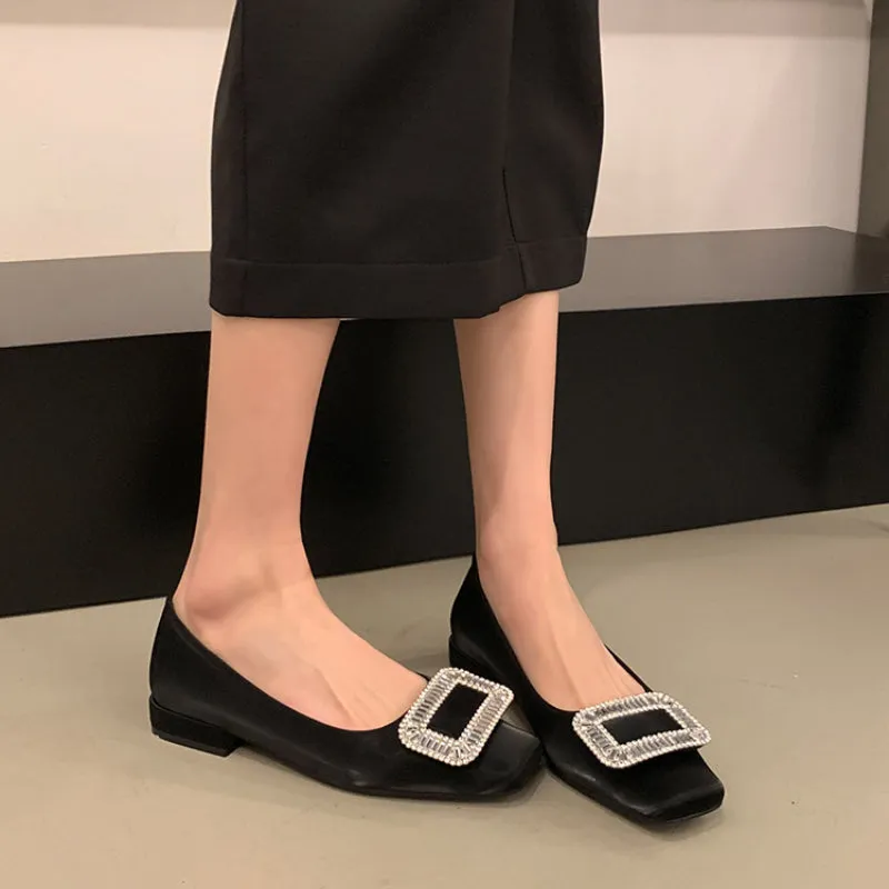 Square Buckle Thick Heel Women's Shoes Low Heel Square Toe Women's Shoes