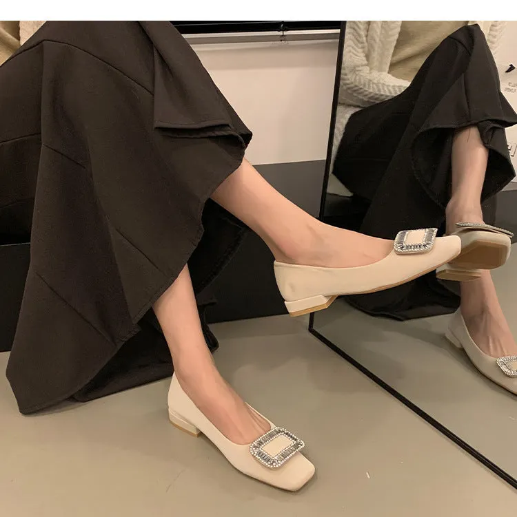 Square Buckle Thick Heel Women's Shoes Low Heel Square Toe Women's Shoes