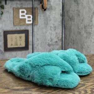 Stars Above Womens Paris Crossband Faux Fur Slippers Blue Green 9-10