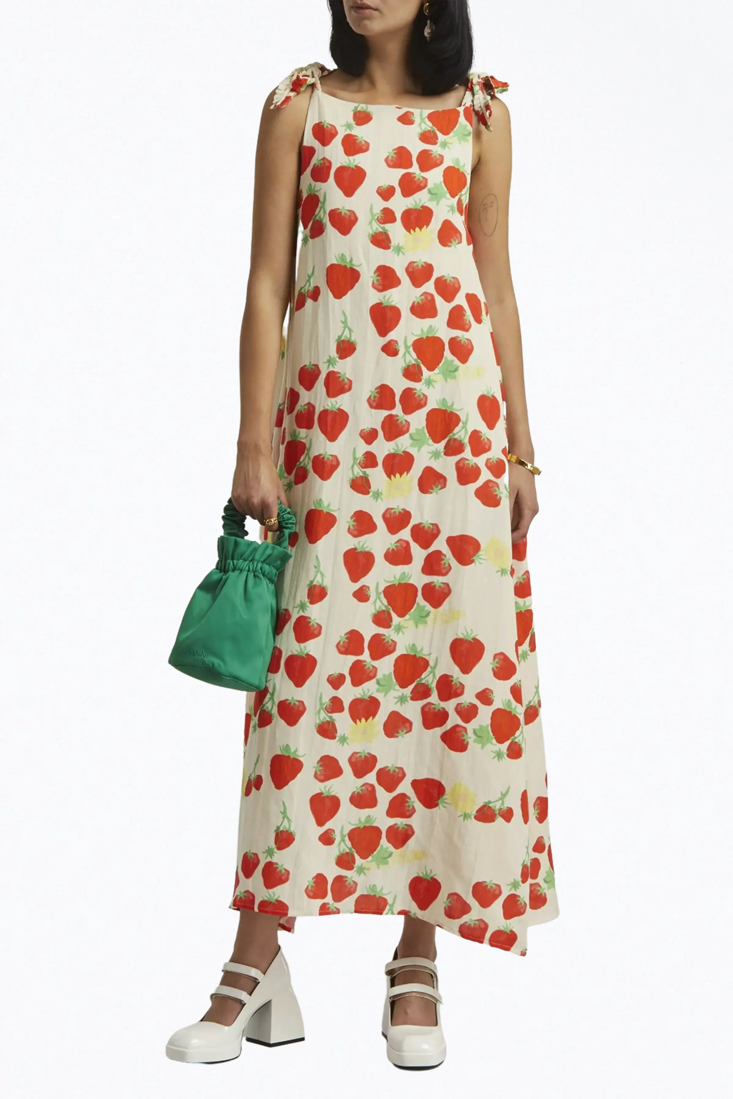 STRAWBERRY-PRINT LINEN-BLEND MAXI DRESS
