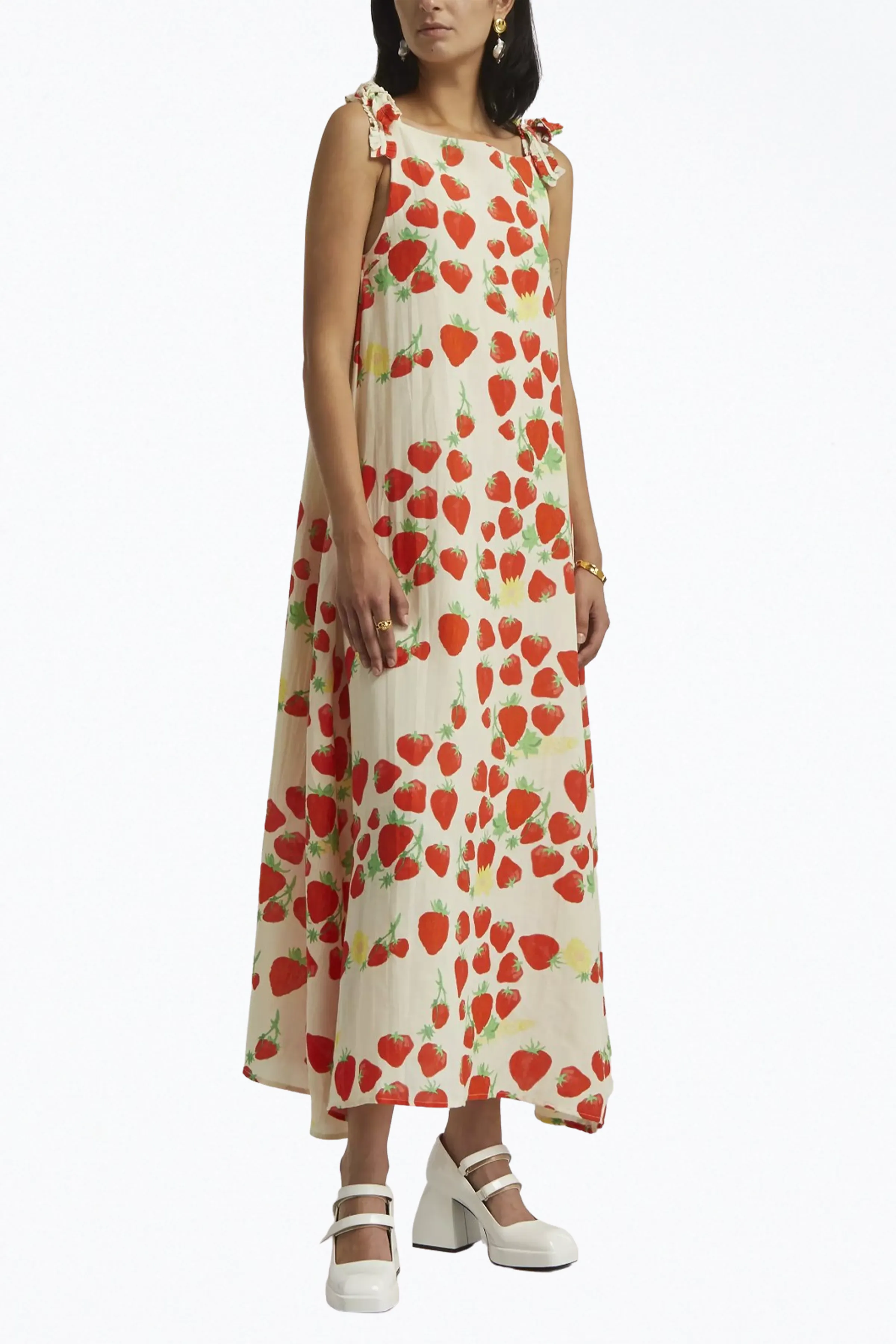 STRAWBERRY-PRINT LINEN-BLEND MAXI DRESS