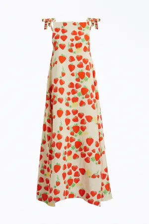 STRAWBERRY-PRINT LINEN-BLEND MAXI DRESS