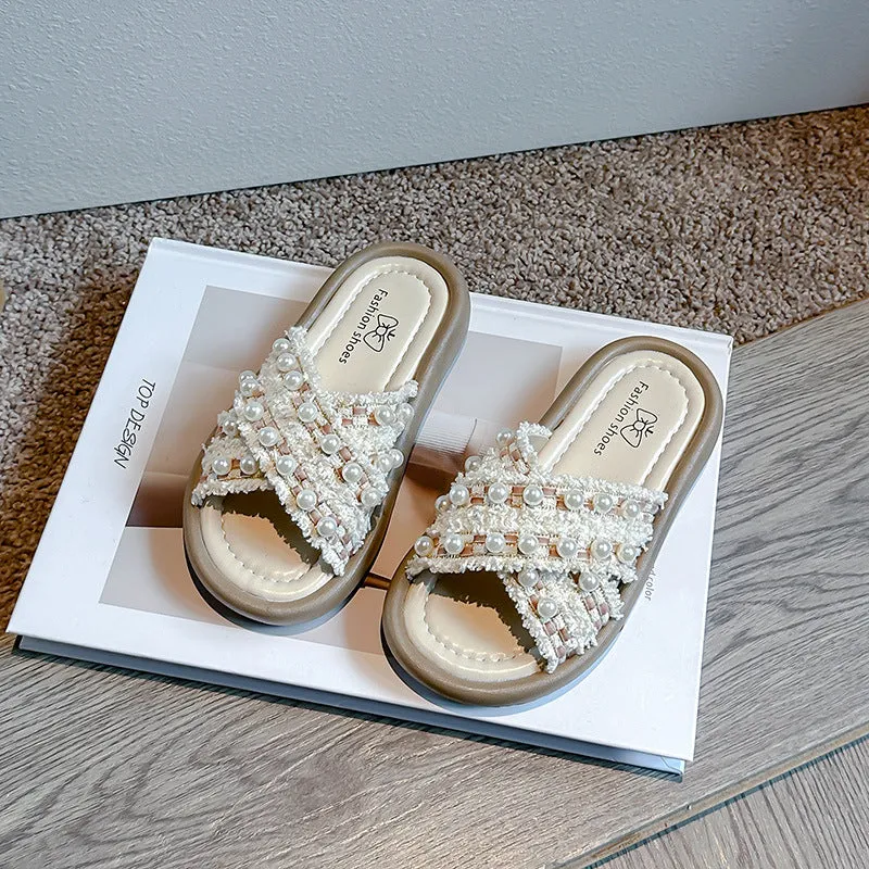 Summer New Children's Slippers Little Girl Soft Bottom Non-Slip Girl Cross Rhinestone Flat Slippers Tide