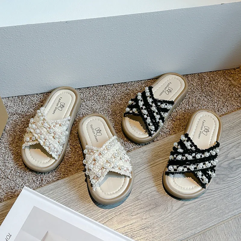 Summer New Children's Slippers Little Girl Soft Bottom Non-Slip Girl Cross Rhinestone Flat Slippers Tide