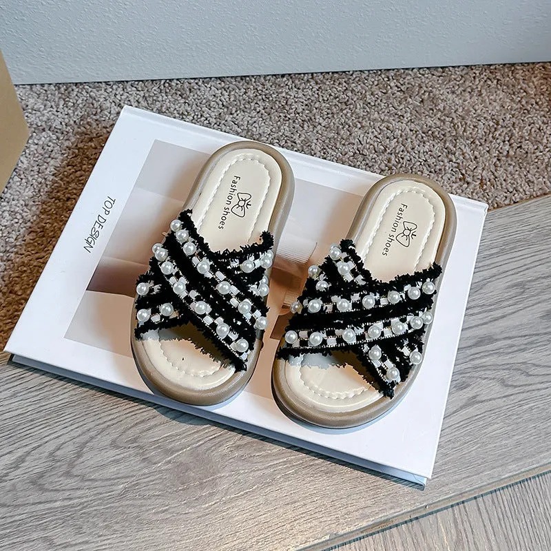 Summer New Children's Slippers Little Girl Soft Bottom Non-Slip Girl Cross Rhinestone Flat Slippers Tide