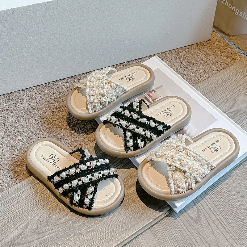 Summer New Children's Slippers Little Girl Soft Bottom Non-Slip Girl Cross Rhinestone Flat Slippers Tide