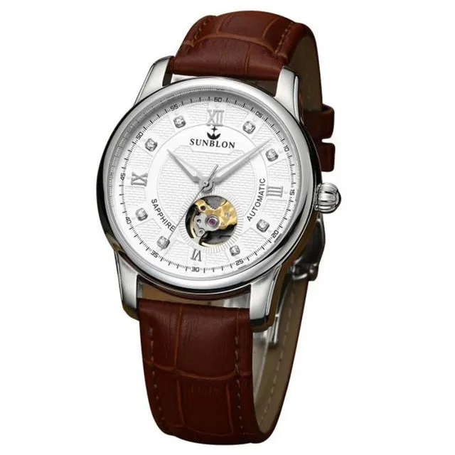 SUNBLON Water Resistant Men's Automatic Mechanical Sport Casual Watch With Leather Band