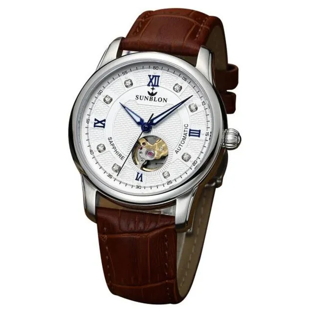 SUNBLON Water Resistant Men's Automatic Mechanical Sport Casual Watch With Leather Band