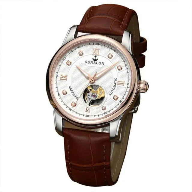SUNBLON Water Resistant Men's Automatic Mechanical Sport Casual Watch With Leather Band