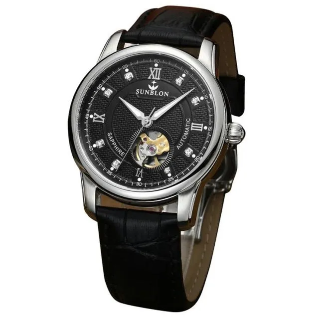 SUNBLON Water Resistant Men's Automatic Mechanical Sport Casual Watch With Leather Band