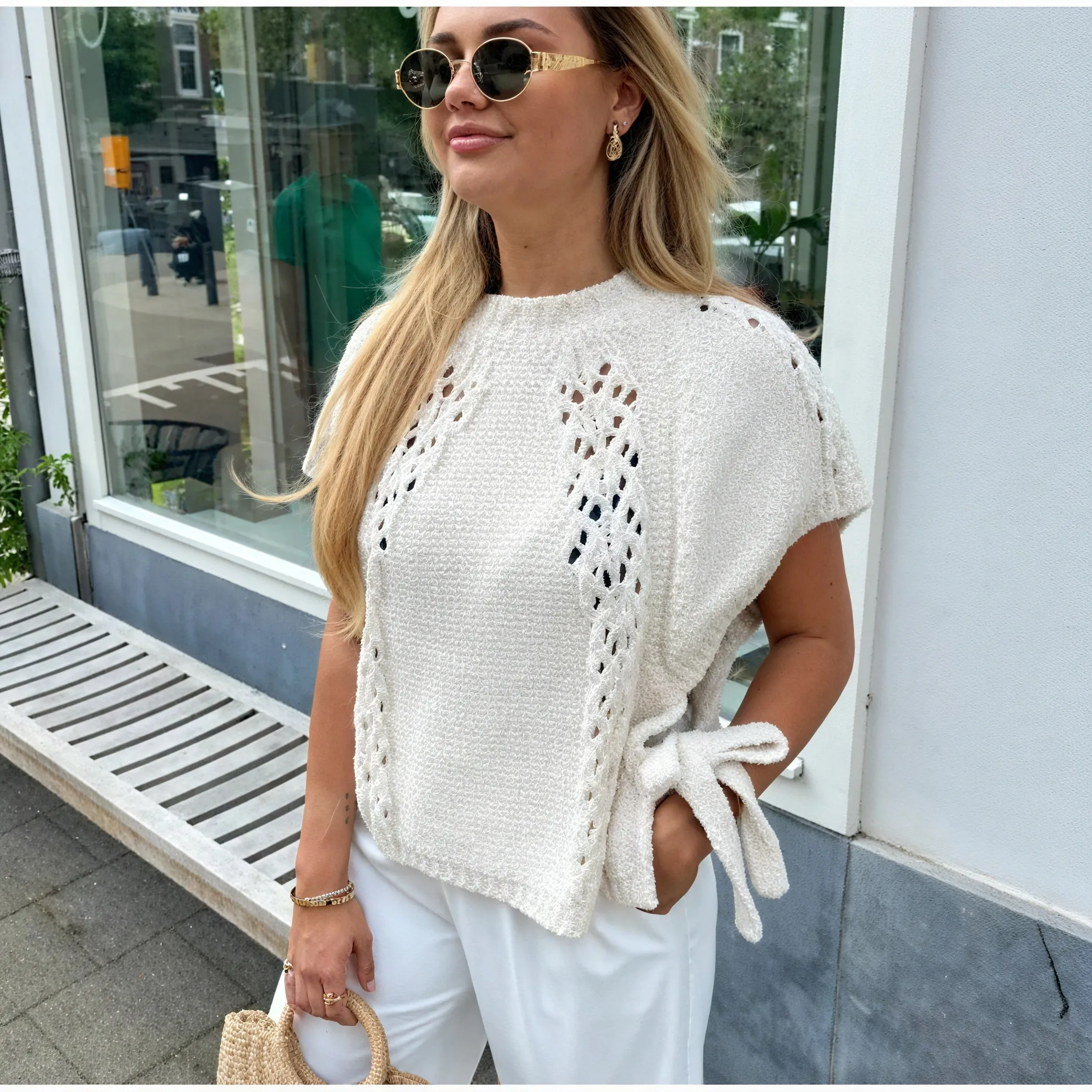 Textured Knit Top with Boat Neck