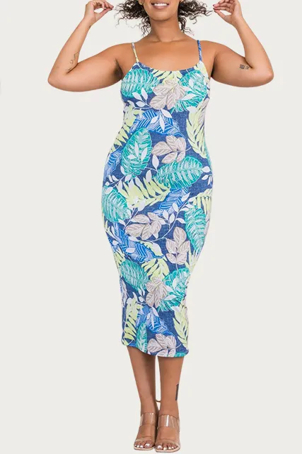 TROPICAL STRETCH-JERSEY MIDI DRESS