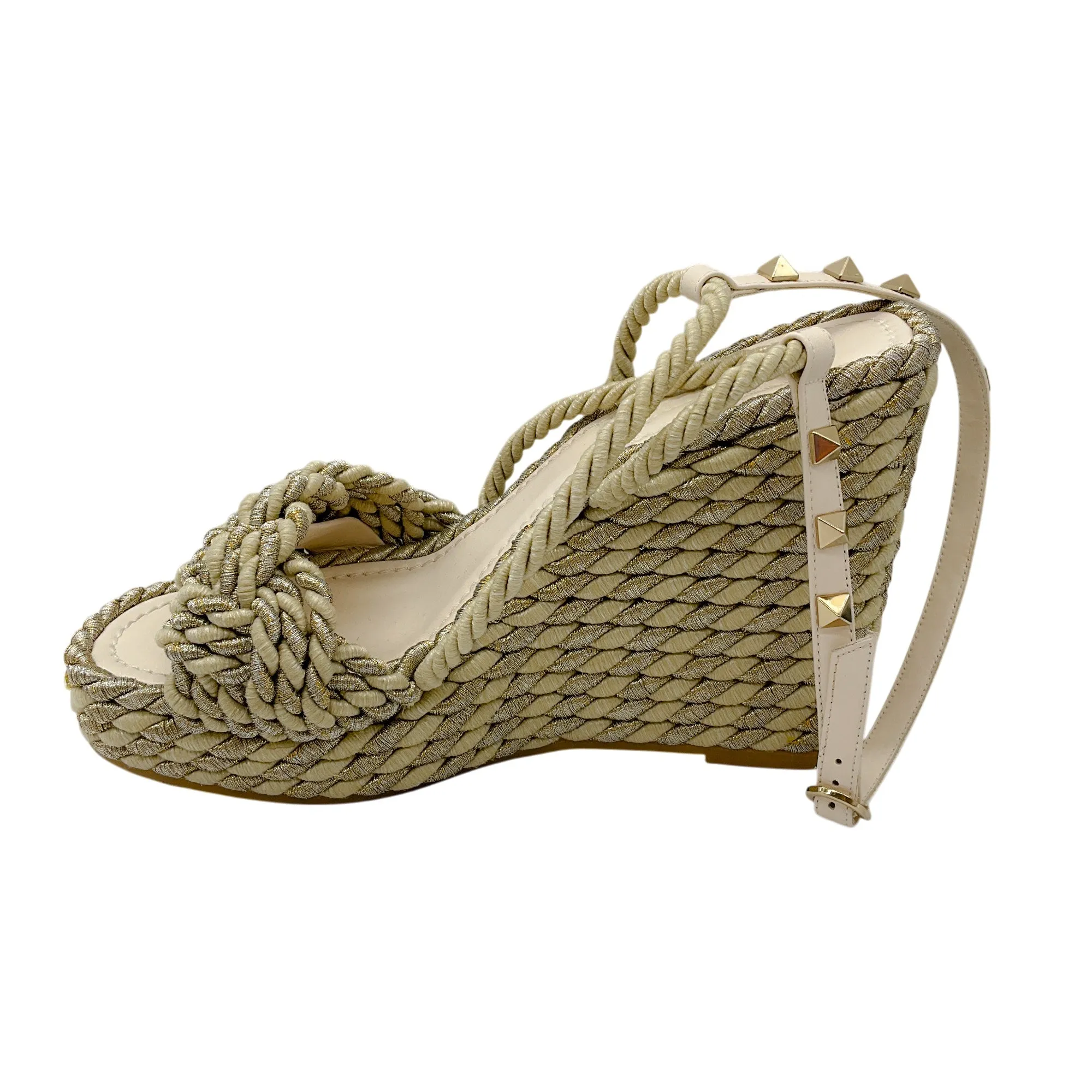 Valentino Ivory / Gold Rockstud Rope Wedge Espadrille Sandals