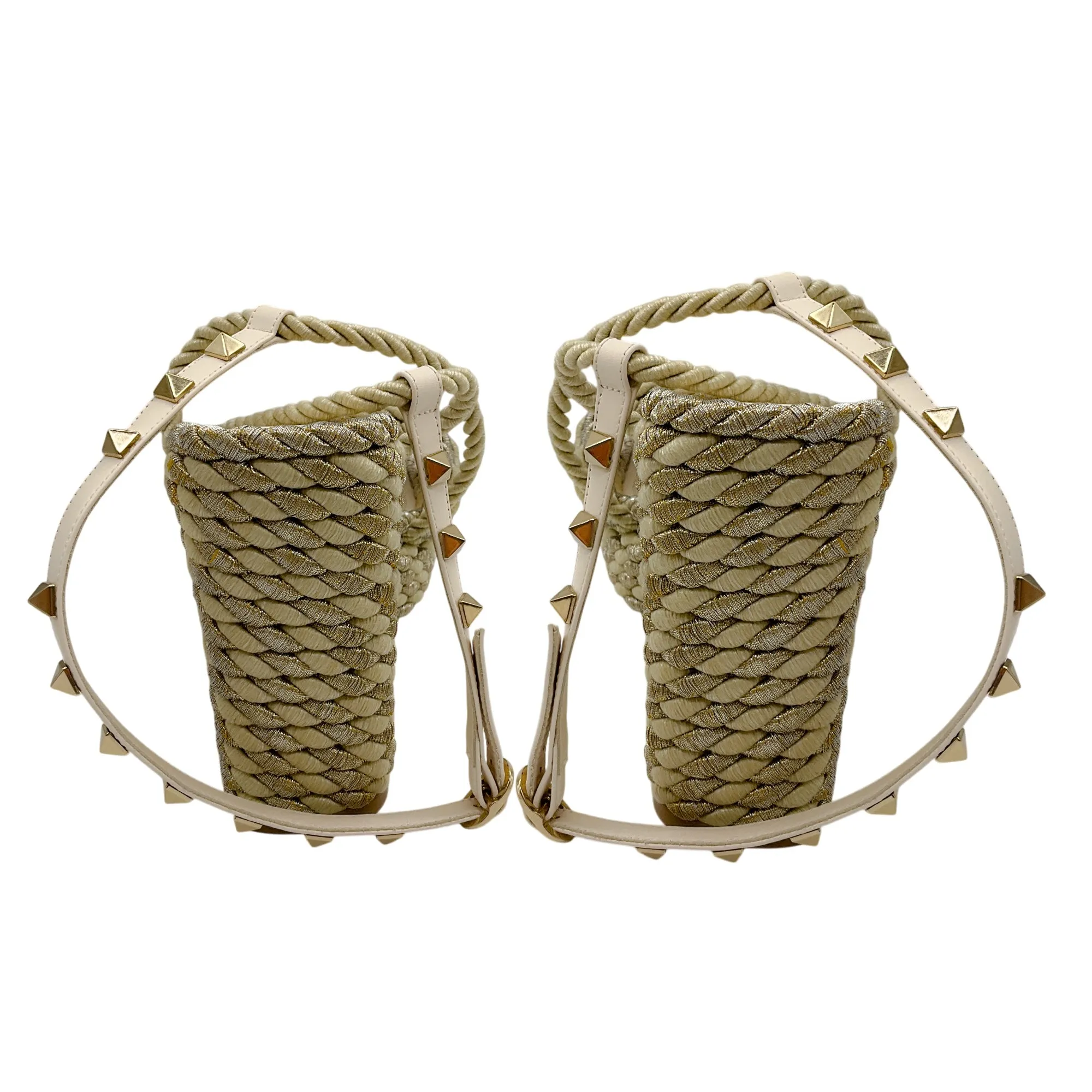 Valentino Ivory / Gold Rockstud Rope Wedge Espadrille Sandals