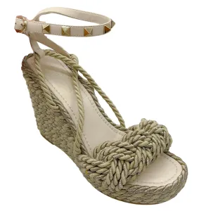 Valentino Ivory / Gold Rockstud Rope Wedge Espadrille Sandals