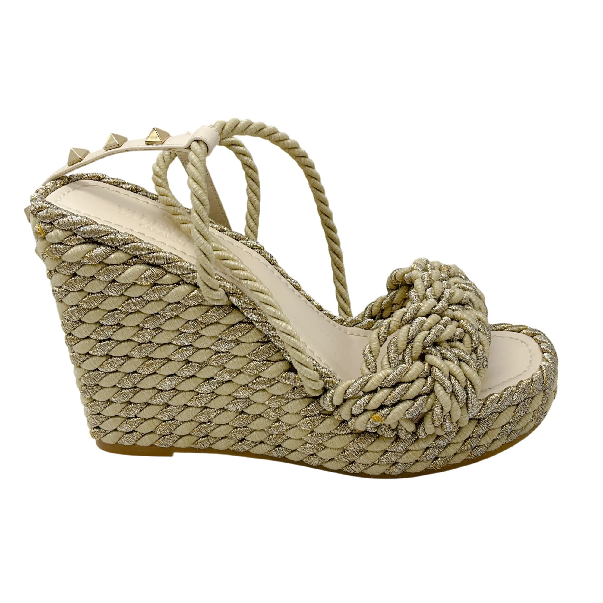 Valentino Ivory / Gold Rockstud Rope Wedge Espadrille Sandals