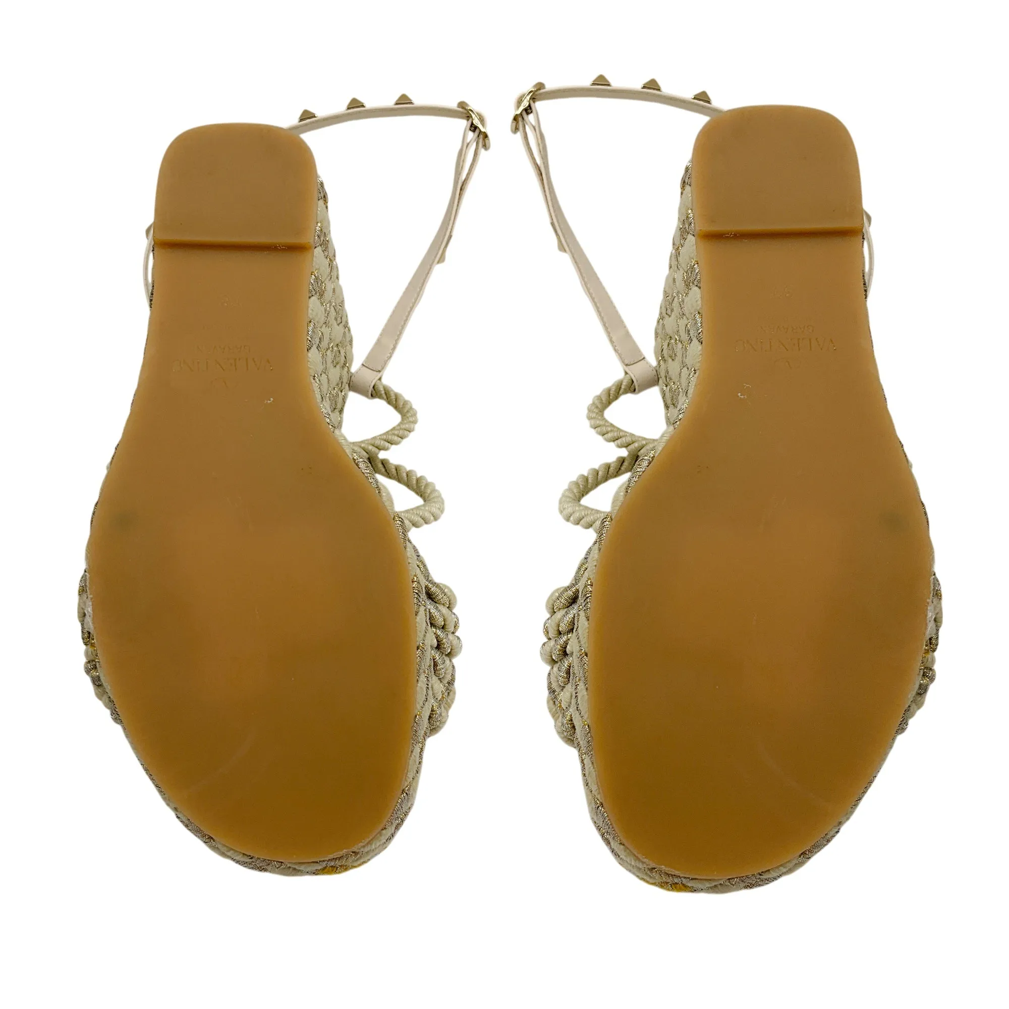 Valentino Ivory / Gold Rockstud Rope Wedge Espadrille Sandals