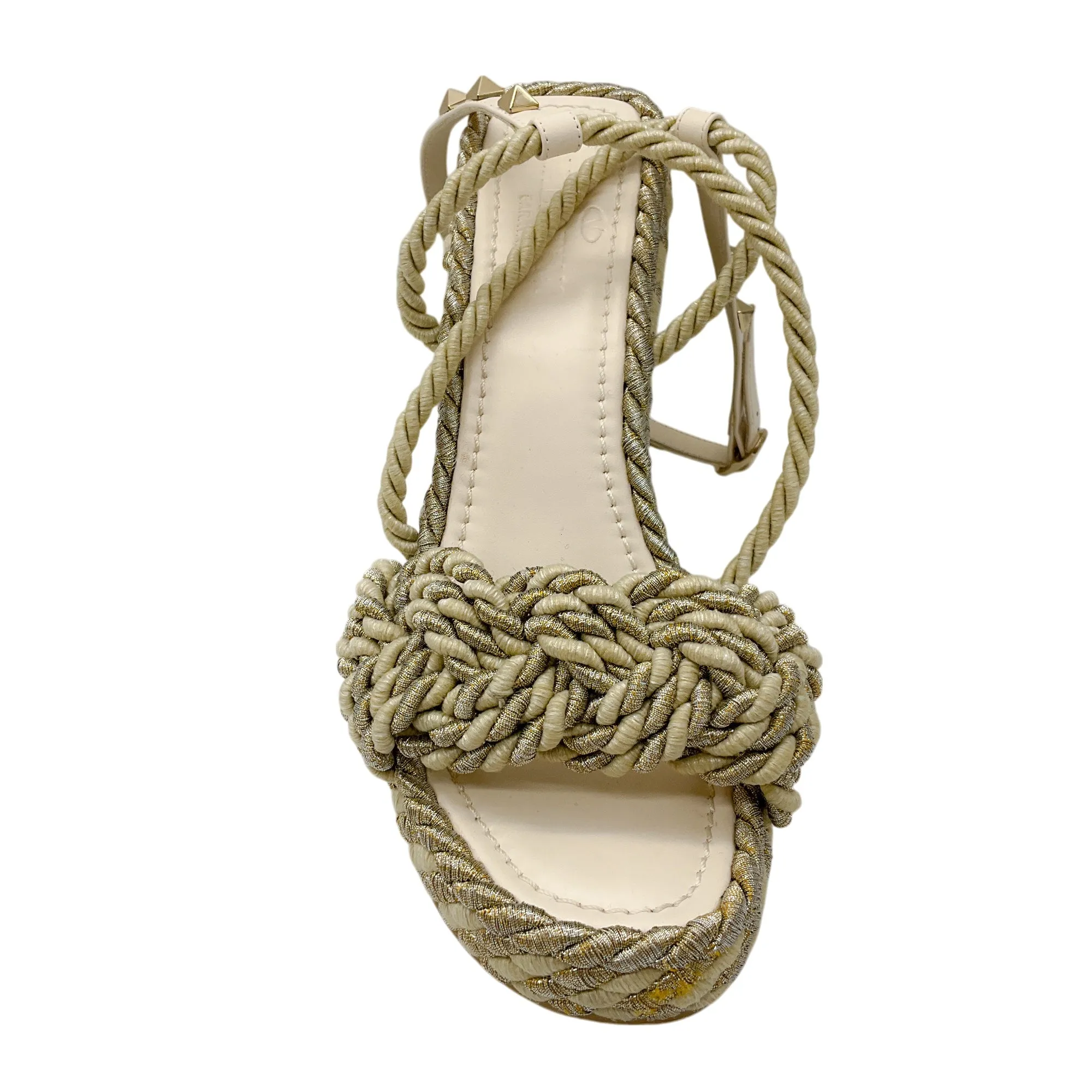 Valentino Ivory / Gold Rockstud Rope Wedge Espadrille Sandals