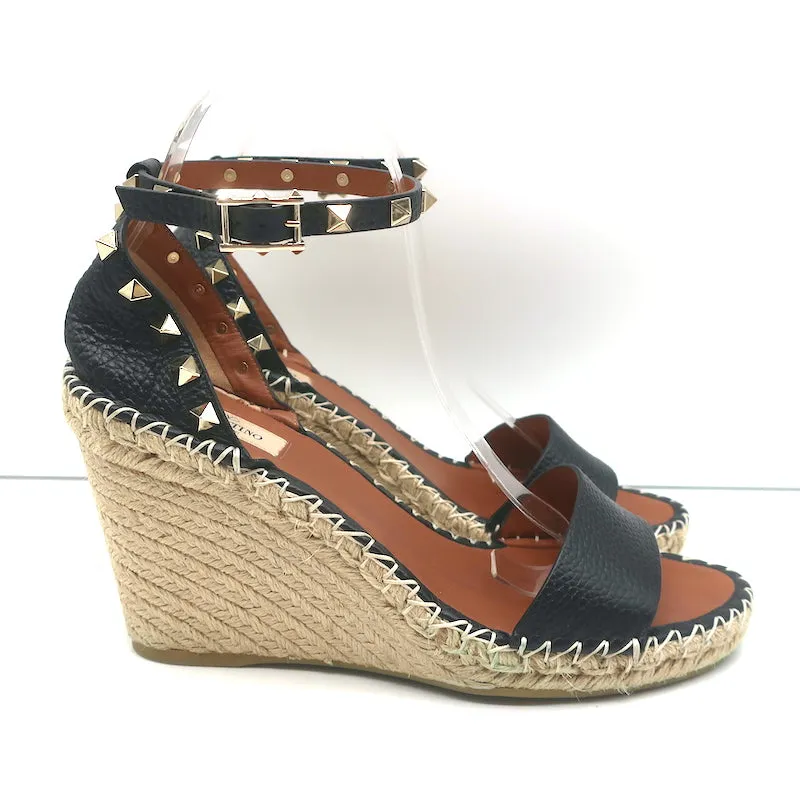 Valentino Rockstud Double Espadrille Wedge Sandals Black Leather Size 41