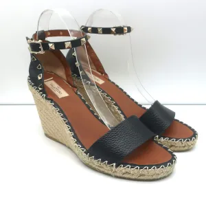 Valentino Rockstud Double Espadrille Wedge Sandals Black Leather Size 41