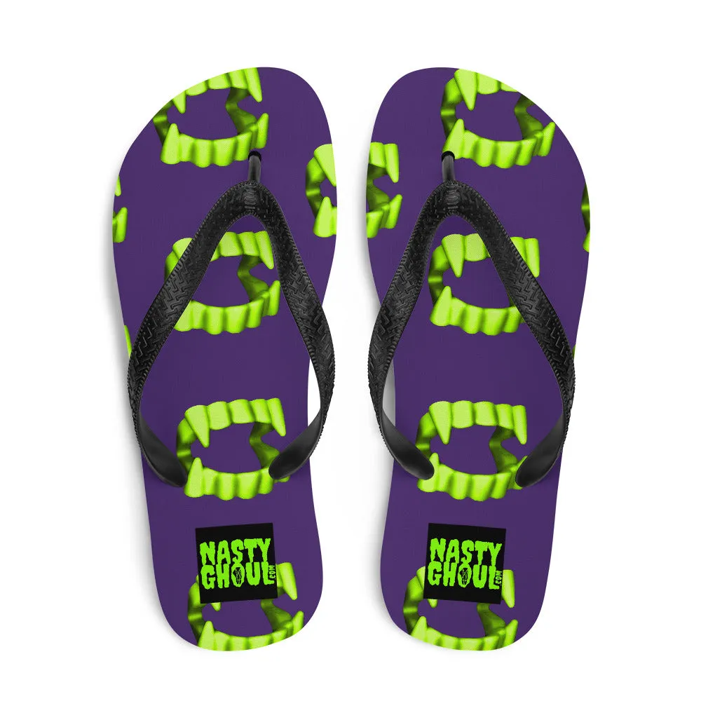 Vampire Teeth Fang Flip-Flops All Over Print / Purple & Neon Green