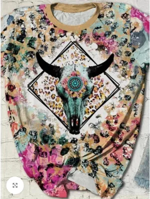 Vintage Bull Head Print Casual T-Shirt