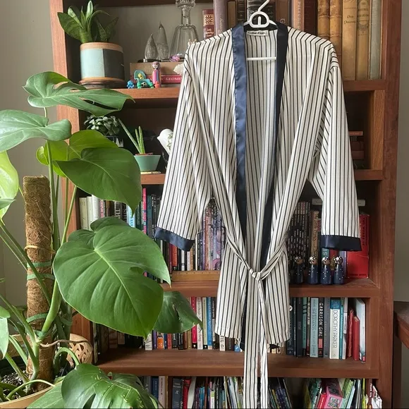 Vintage Calvin Klein navy blue and cream striped robe