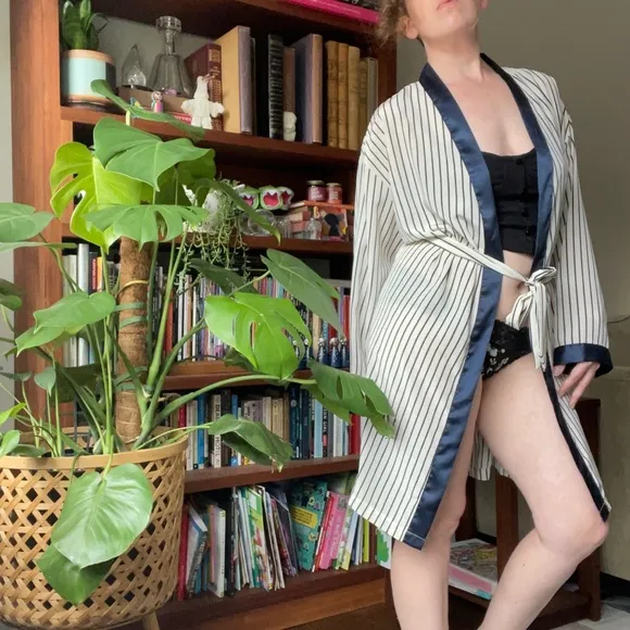 Vintage Calvin Klein navy blue and cream striped robe
