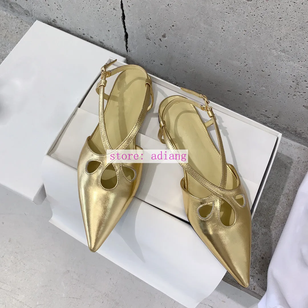 vintage cow leather point toe sandals flats shoes women 2023 black gold 35-40 high quality