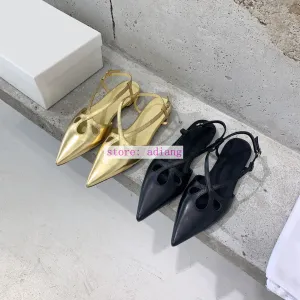 vintage cow leather point toe sandals flats shoes women 2023 black gold 35-40 high quality