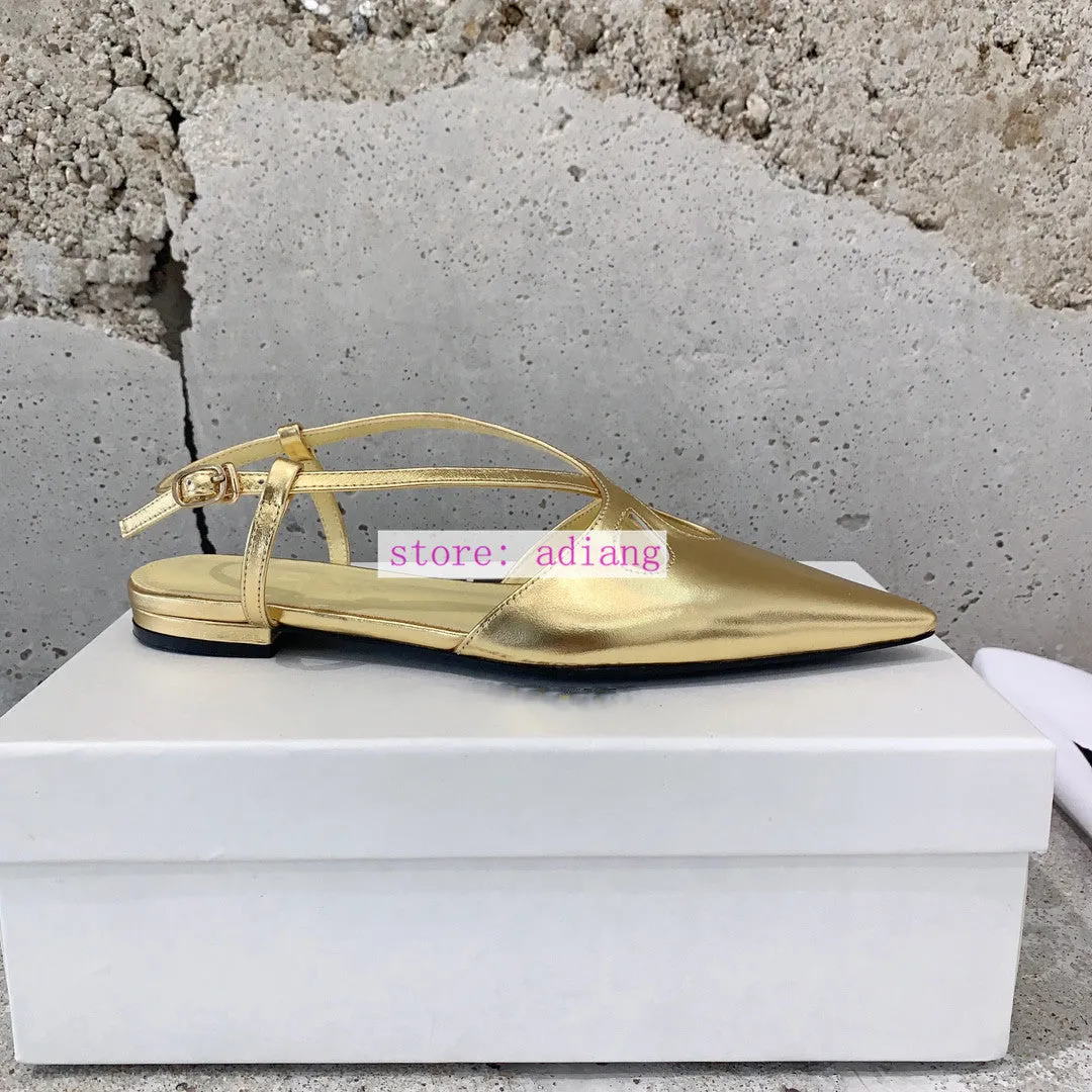 vintage cow leather point toe sandals flats shoes women 2023 black gold 35-40 high quality