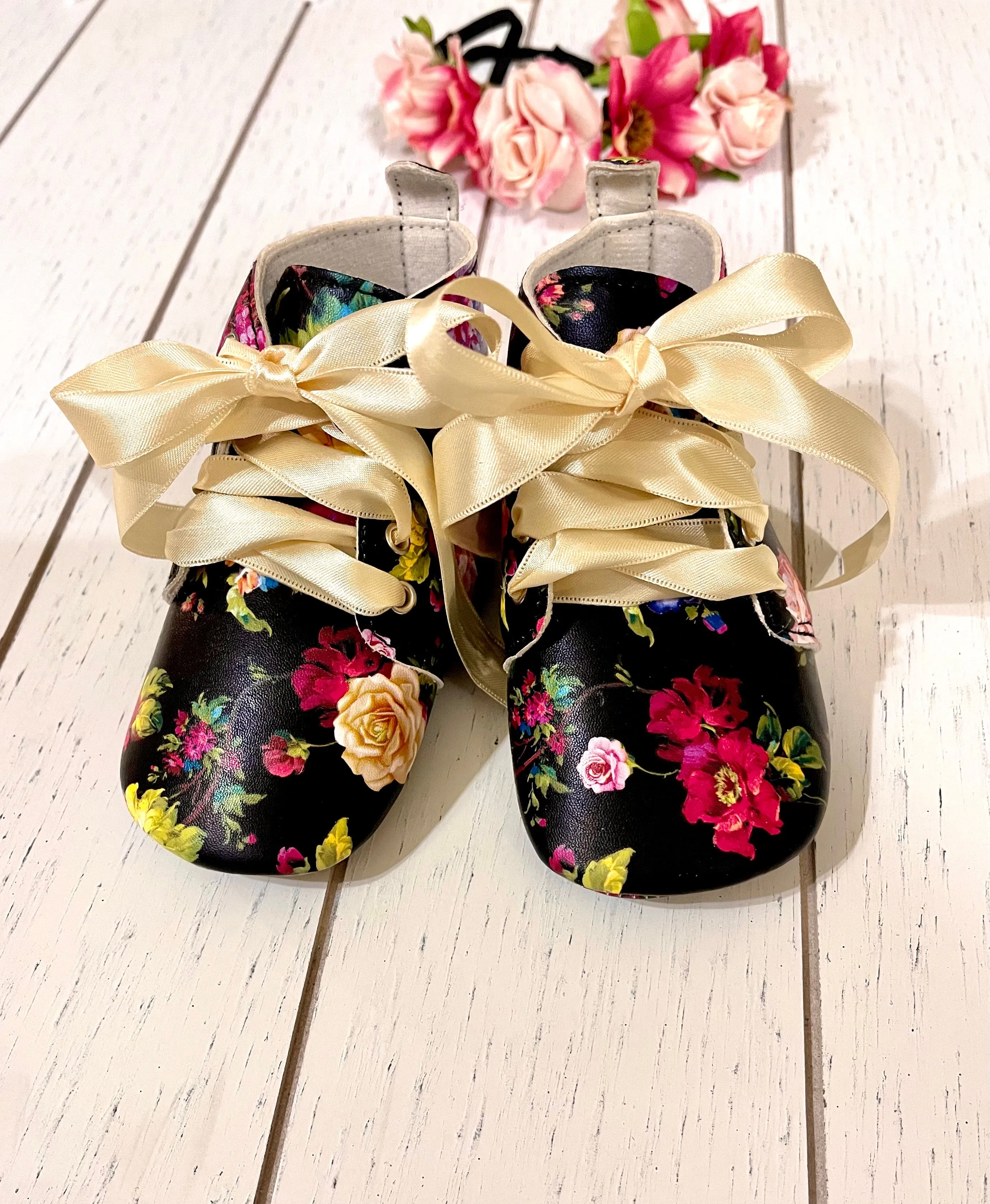 Vintage Floral PU leather high top,  girl shoes
