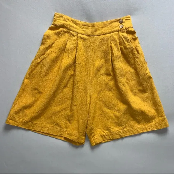 Vintage Pleated Super High Waist Mom Shorts Women S Mustard Yellow Silk 80s 90s