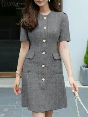 Vintage Short Sleeve Button Casual Dress
