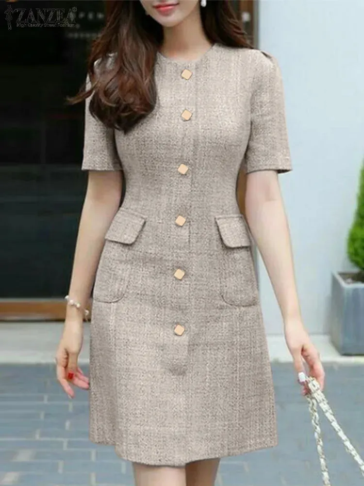 Vintage Short Sleeve Button Casual Dress