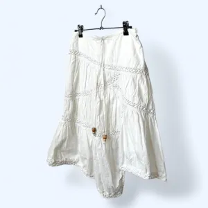 VINTAGE White Cotton Lace Boho Skirt Midi Length Asymmetrical Hem Size-Small, 27