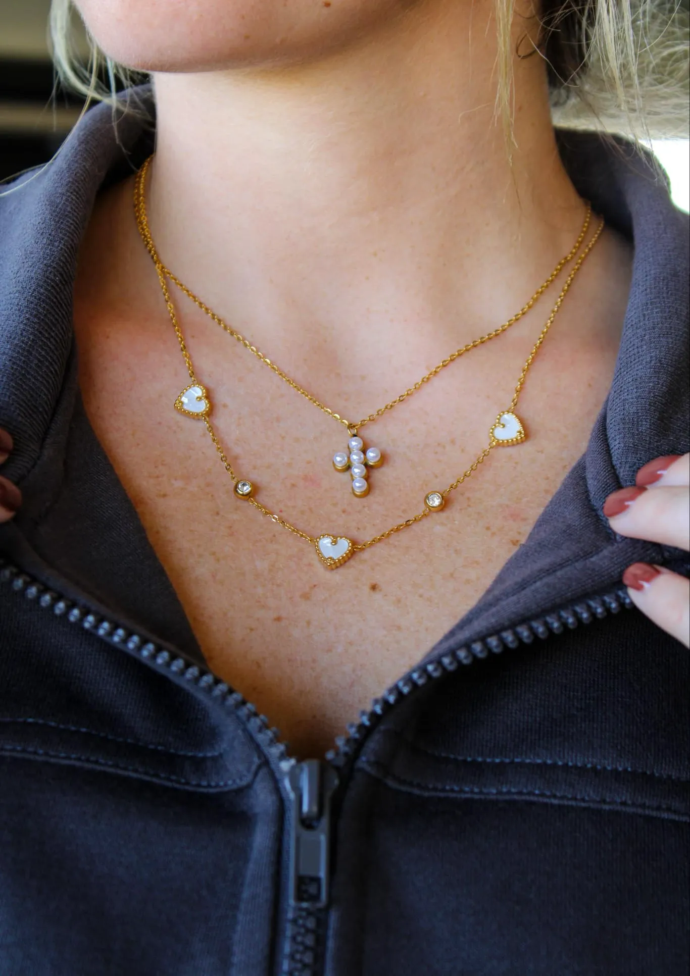 Waterproof Gold Pearled Cross Necklace