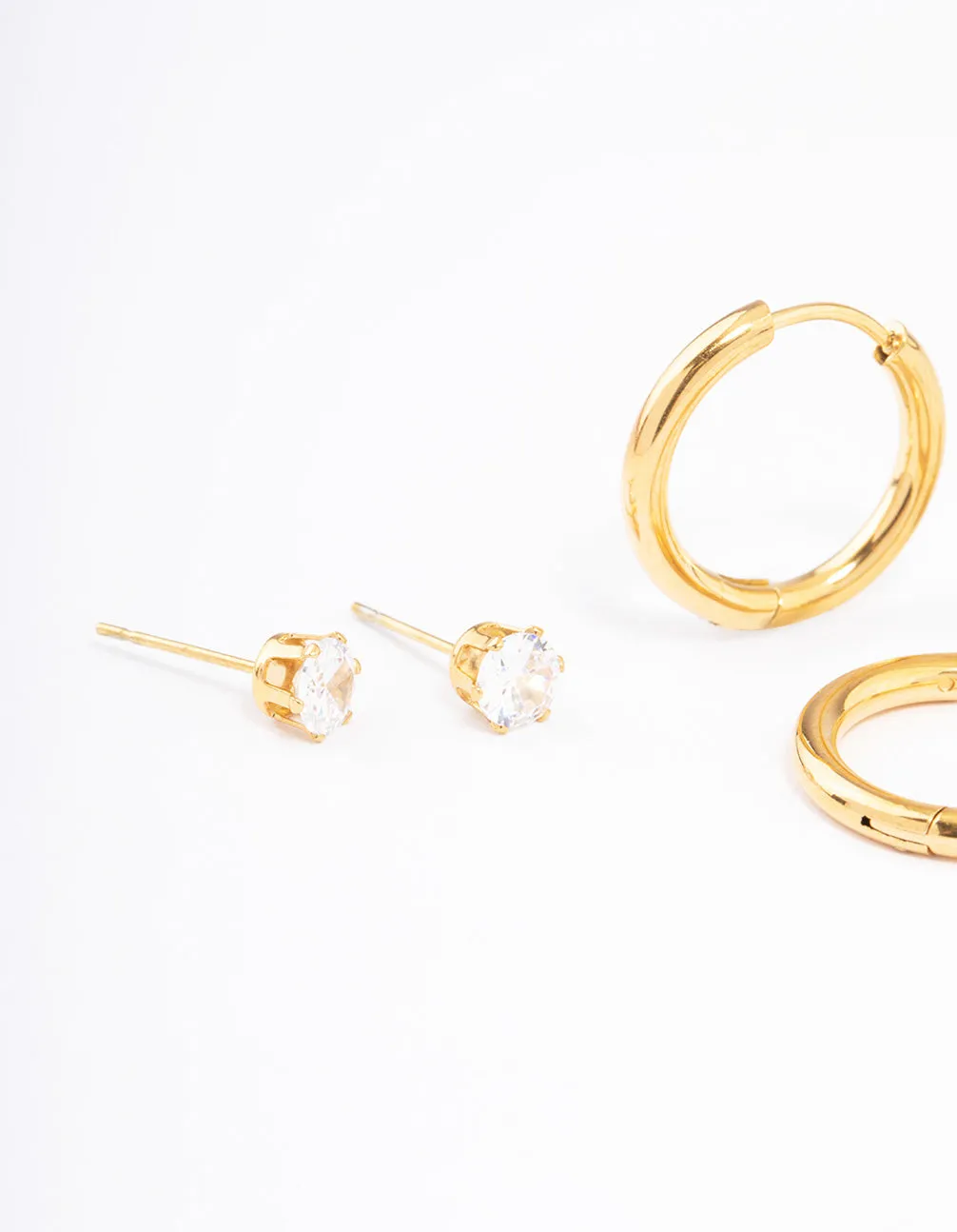 Waterproof Gold Plated Stainless Steel Basic Cubic Zirconia Earrings Pack