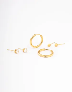 Waterproof Gold Plated Stainless Steel Basic Cubic Zirconia Earrings Pack