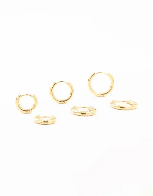 Waterproof Gold Plated Stainless Steel Basic Graduating Hoop Earrings 3-Pack