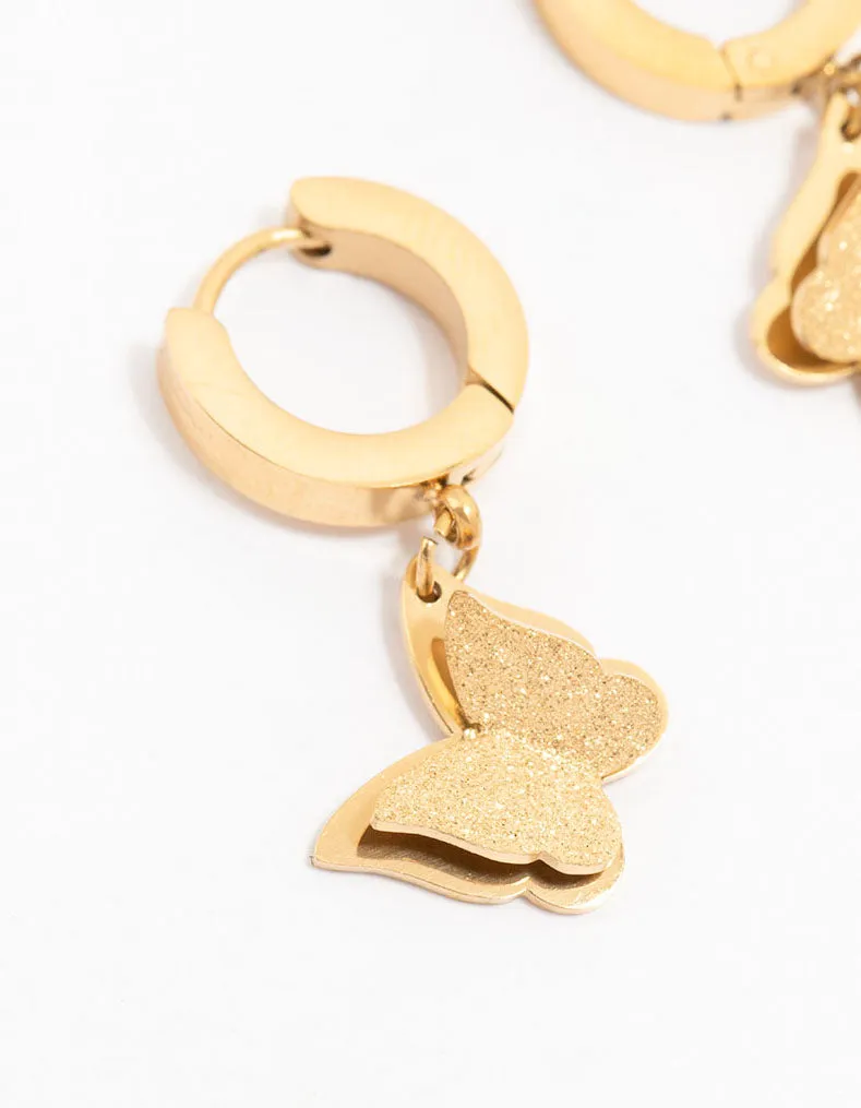 Waterproof Gold Plated Stainless Steel Butterfly Drop Huggie Earrings