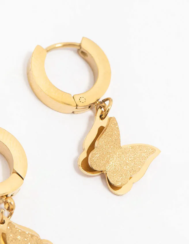 Waterproof Gold Plated Stainless Steel Butterfly Drop Huggie Earrings