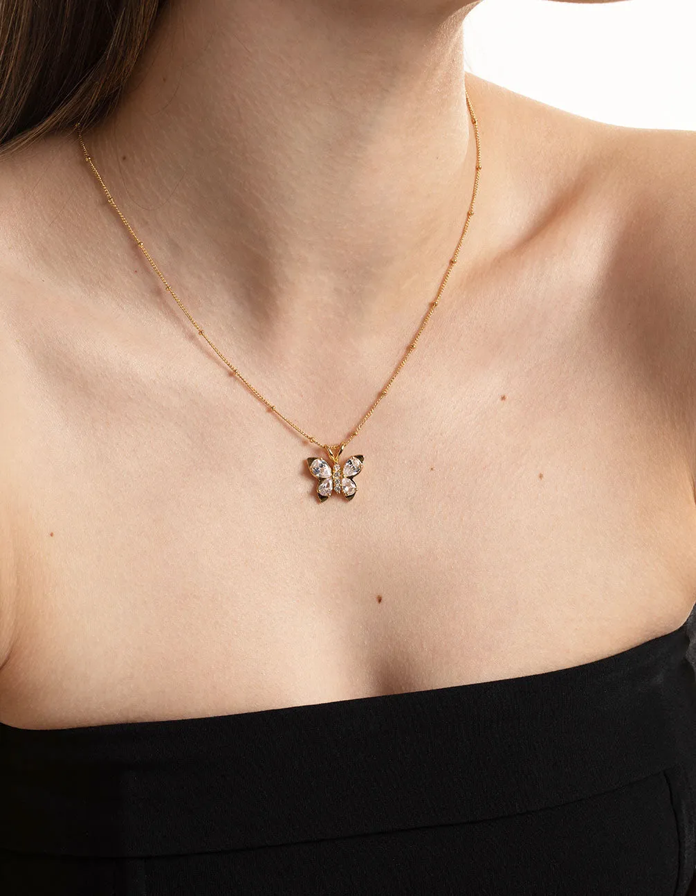 Waterproof Gold Plated Stainless Steel Cubic Zirconia Butterfly Necklace