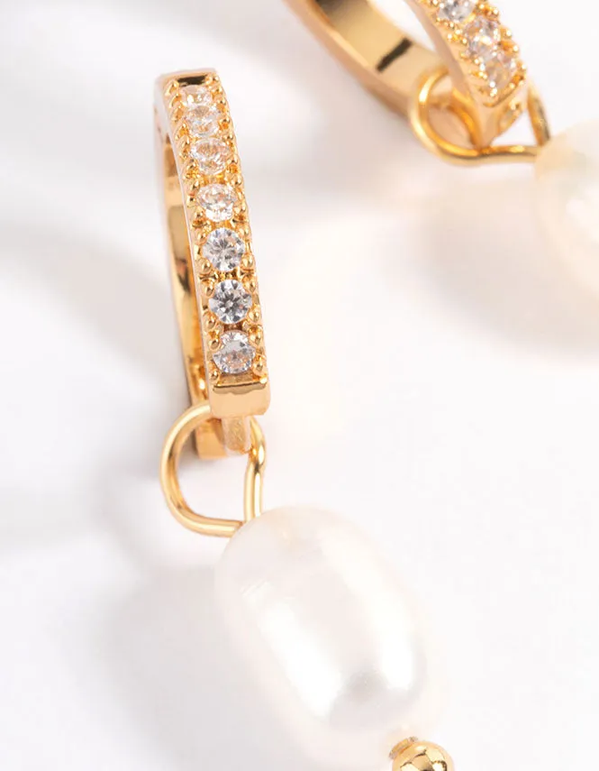 Waterproof Gold Plated Stainless Steel Diamante Freshwater Pearl Drop Huggie Earrings