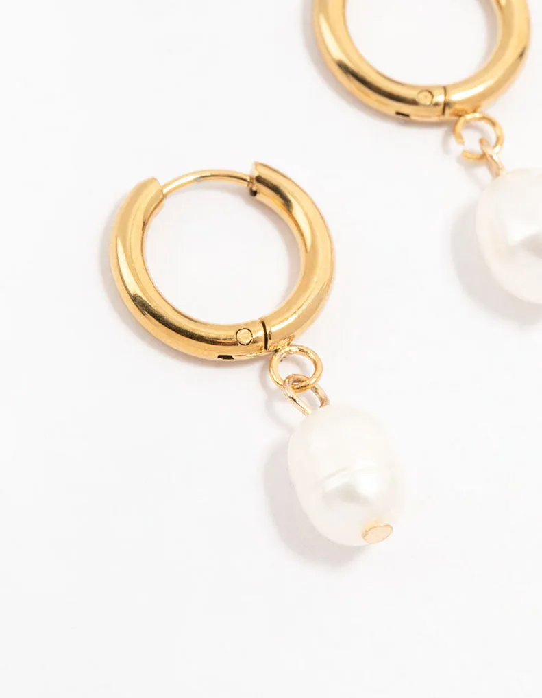 Waterproof Gold Plated Stainless Steel Freshwater Pearl Drop Huggie Earrings