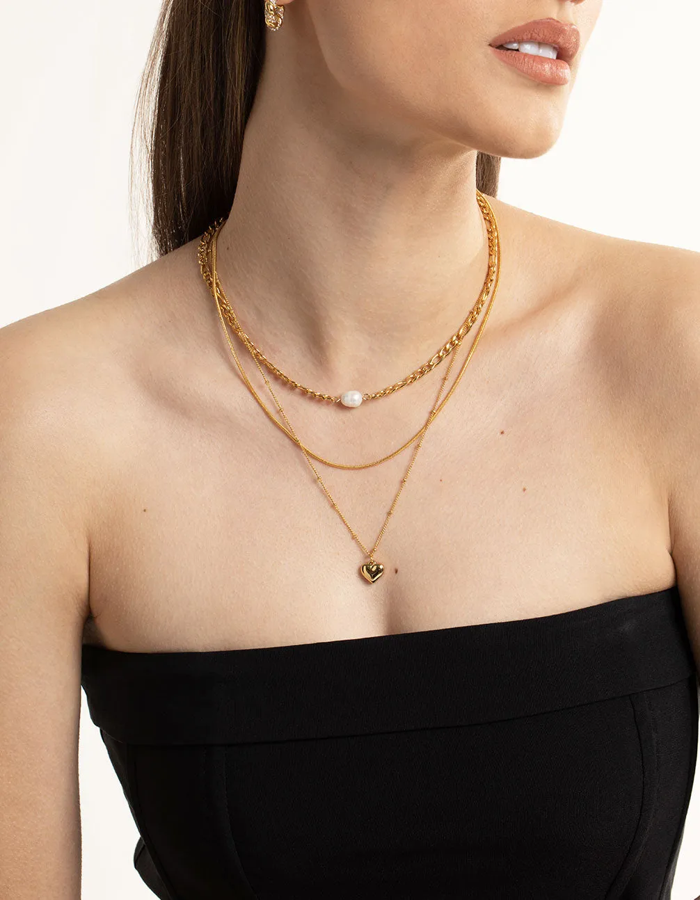 Waterproof Gold Plated Stainless Steel Heart & Freshwater Pearl Layered Necklace